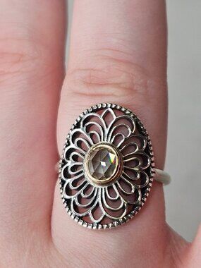 925 Sterling Silver Pandora Allure Green Spinel Filigree Cocktail Ring Size 8.25